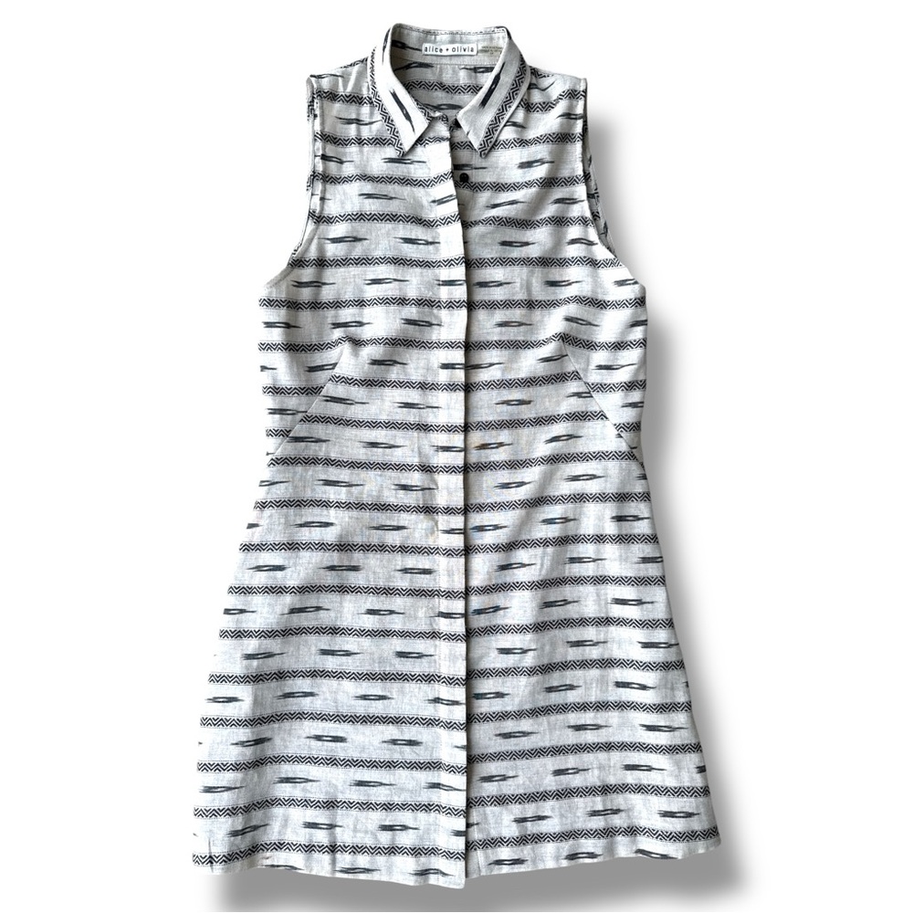Alice + Olivia Isabelle Tribal Sleeveless Linen Shirt Dress Beige/Black Small - Picture 2 of 12